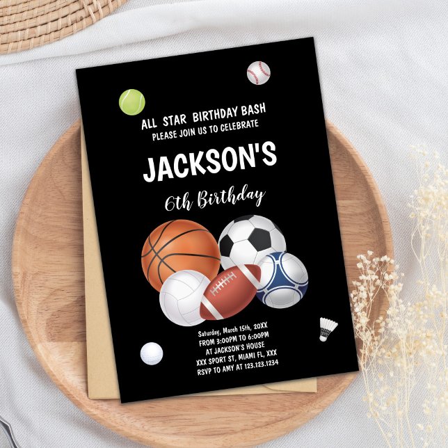 Editable Multi-Sport Party Inbjudan for Boys (Sports Balls Sports Birthday Invitations)