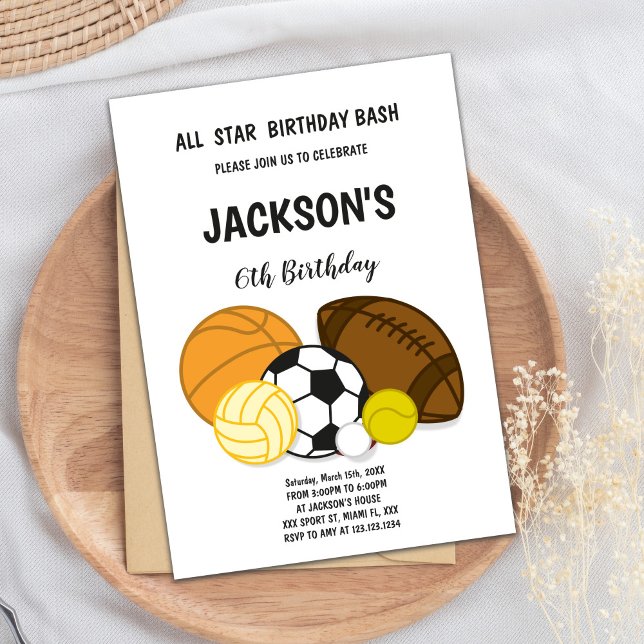 Editable Multi-Sport Party Inbjudan for Boys (All Star Birthday Bash Sports Invitations)