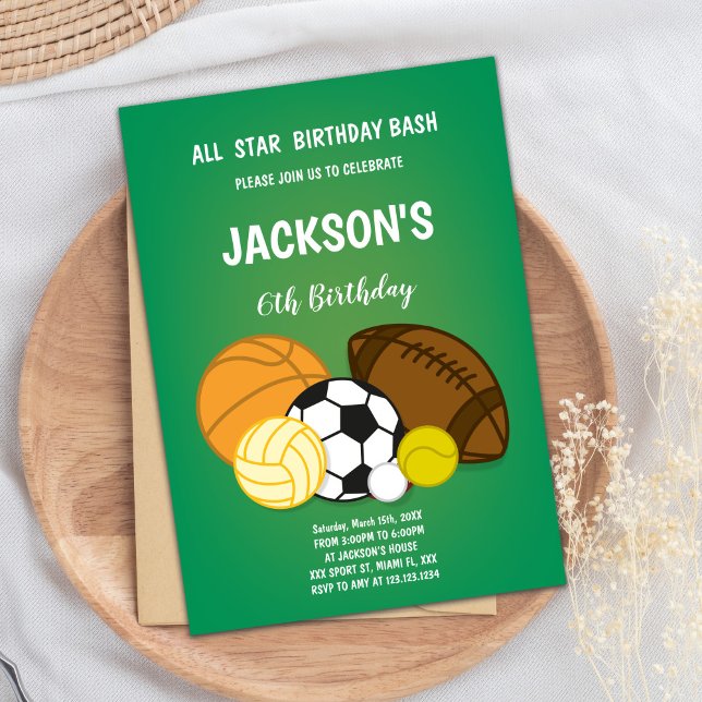 Editable Multi-Sport Party Inbjudan for Boys (Center Sports Balls Birthday Invitations)