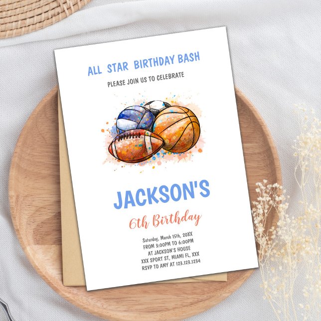 Editable Multi-Sport Party Inbjudan for Boys (Paint Sports Birthday Invitations)