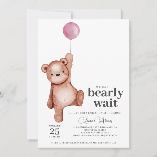 EDITABLE Nalle Girl Baby Shower-inbjudan Inbjudningar (Framsida)