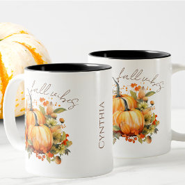 Editable Namn Cute Orange Pumpkin Harvest Fall Två-Tonad Mugg