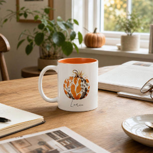 Editable Namn Cute Orange Pumpkin Harvest Fall Två-Tonad Mugg