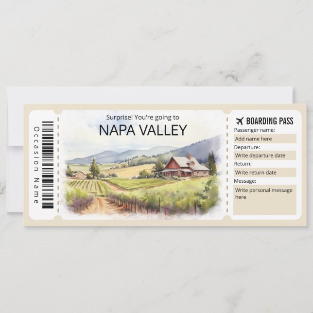 Editable Napa Valley Flygplan biljett, Kalifornien Inbjudningar (Framsida)