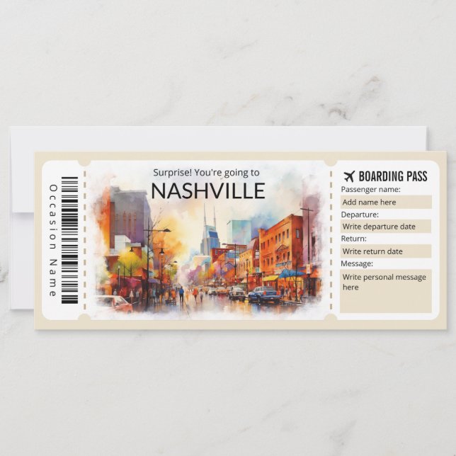 Editable Nashville Flygplan biljett, Tennessee Res Inbjudningar (Framsida)