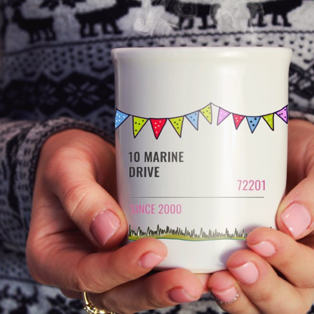 Editable Nautical Fiskmås Bunting Kaffemugg (Front Design - customize your address, zip/post code and date you moved in. Totally unique to you.)