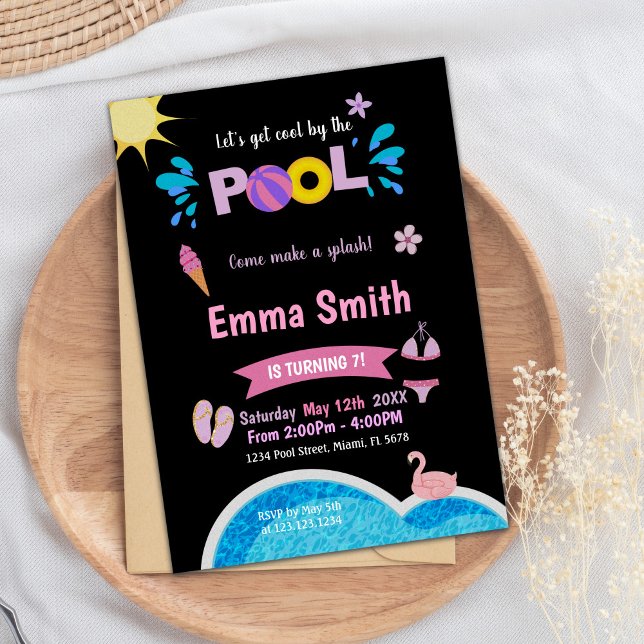Editable Neon Stänk, sommartid, Simma Party Inbjud Inbjudningar (Black Background Pool Birthday Invitations)
