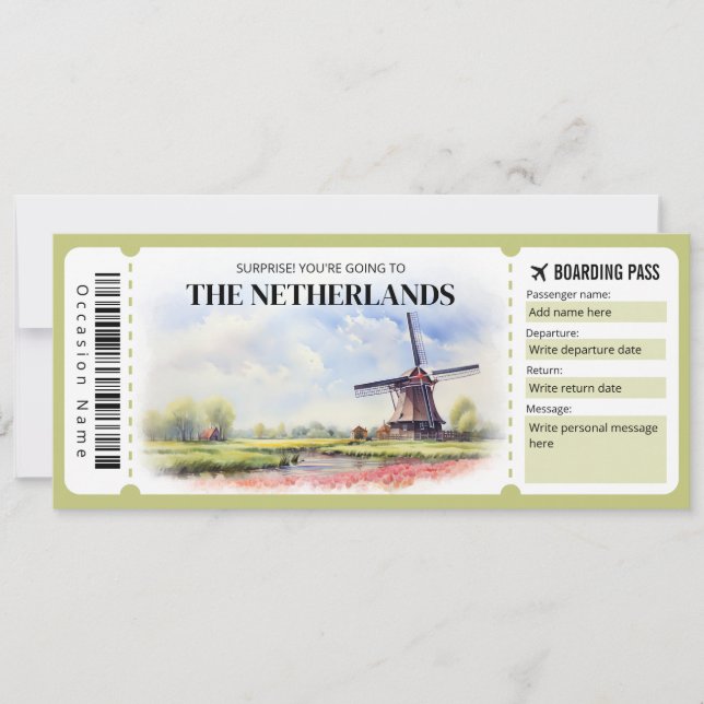Editable Netherlands Boarding Pass Flygplan biljet Inbjudningar (Framsida)