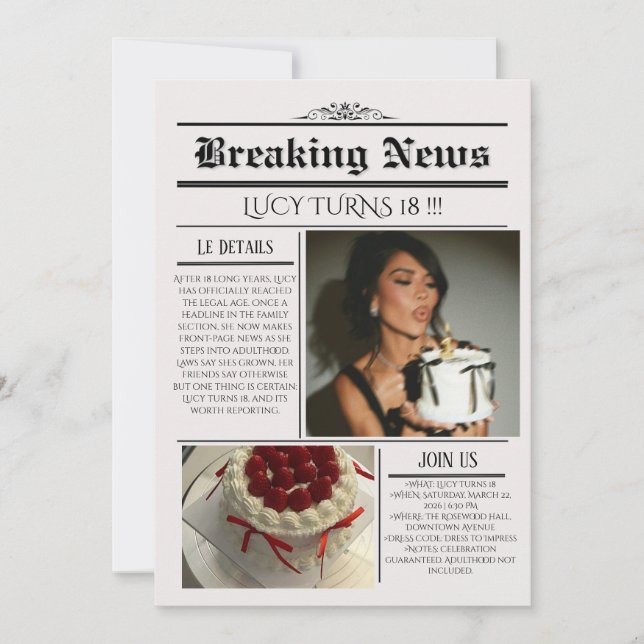 Editable Newspaper Birthday Invitation Template  Inbjudningar (Framsida)