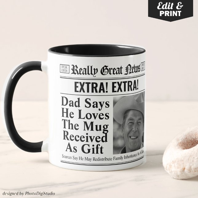 Editable Newspaper Mugg för Pappa, Roligt Pappa Gi (Editable Newspaper Mug for Dad, Funny Dad Gift, Personalized Fathers Day Gift)