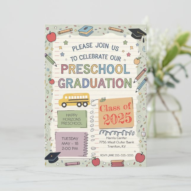 Editable Notebook School Buss Preschool Studenten Inbjudningar (Stående Fram)
