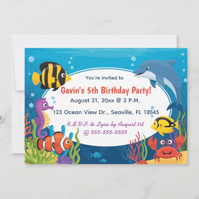 Editable Ocean Creatures Birthday Inbjudningar (Framsida)