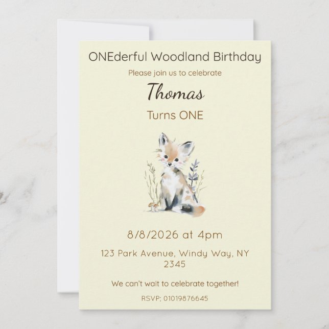 Editable ONEderful Woodland Birthday Inbjudningar (Framsida)