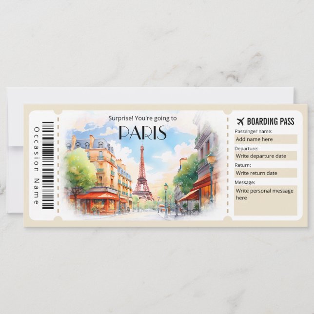 Editable Paris Flygplan Boarding Pass Biljett Inbjudningar (Framsida)