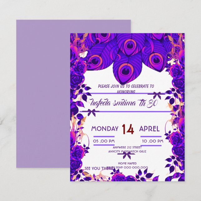 Editable Party-inbjudningar Peacock Feather Glitte Inbjudningar (Fram/baksida)