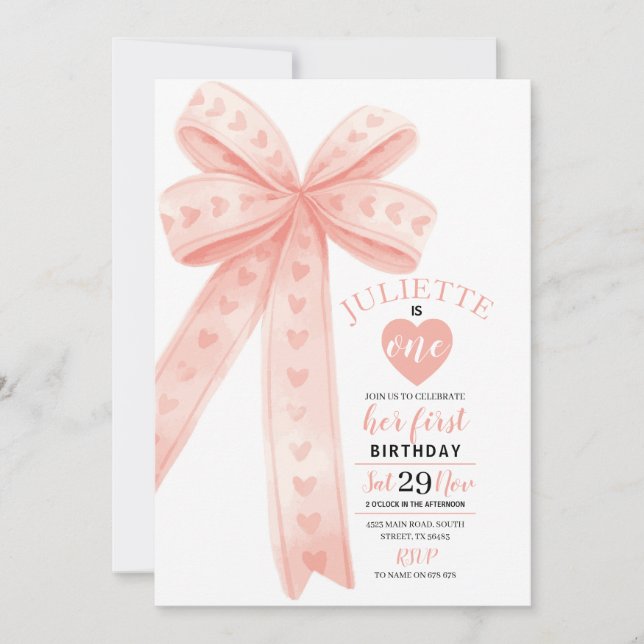 Editable Peach Bow First Girl Birthday Invitation  Inbjudningar (Framsida)