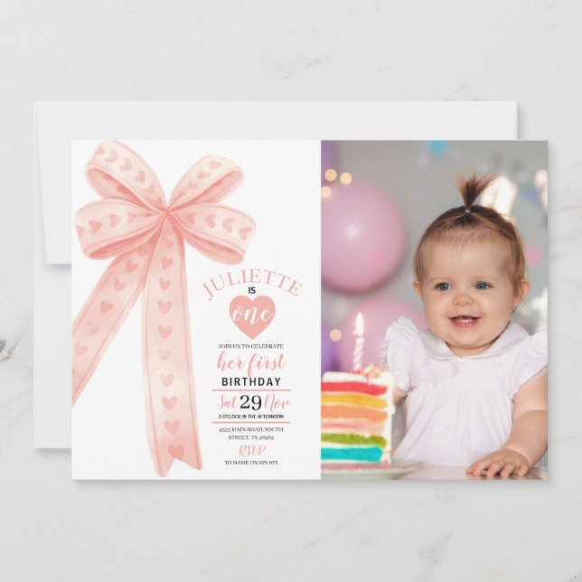 Editable Peach Bow First Girl Birthday Photo  Inbjudningar (Framsida)