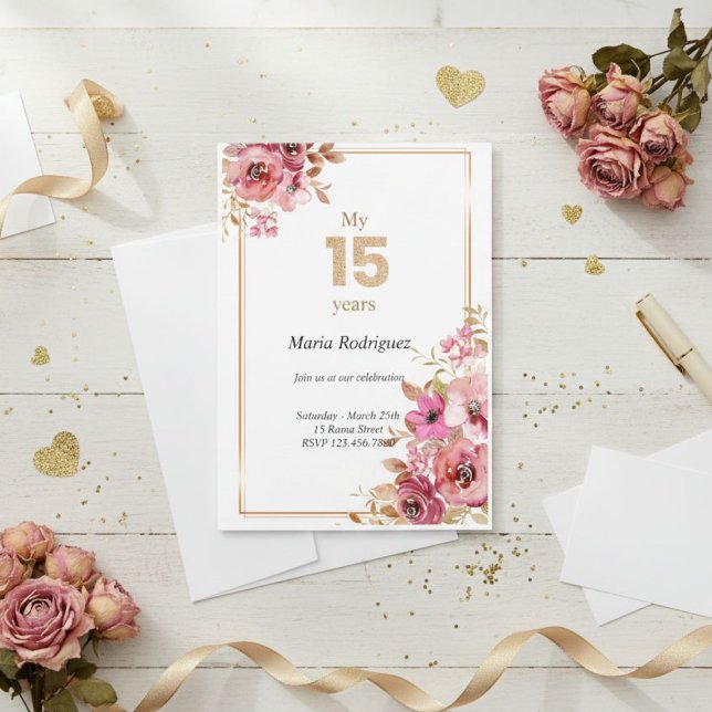 Editable Pink and Gold Quinceañera Invitation Inbjudningar (Skapare uppladdad)