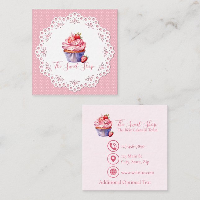 Editable Pink Bakery Business Card | 2.5" Square (Fram/baksida)