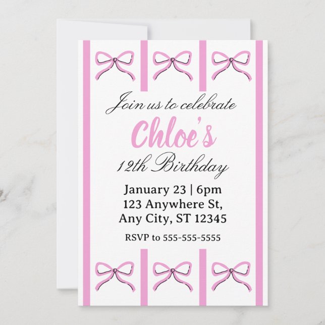 Editable pink bow birthday invite inbjudningar (Framsida)