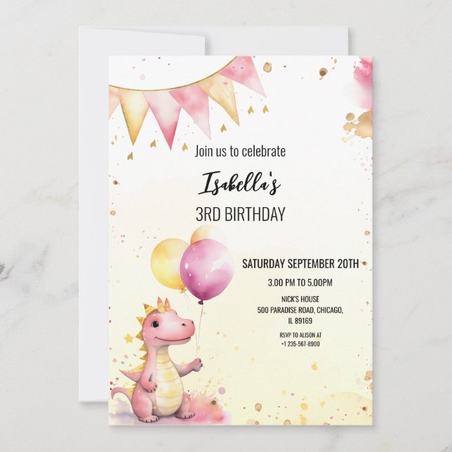 Editable Pink Dragon Birthday Invitation Inbjudningar (Framsida)