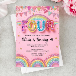 Editable Pink Rainbow Sequin 4th Birthday Invitati Inbjudningar
