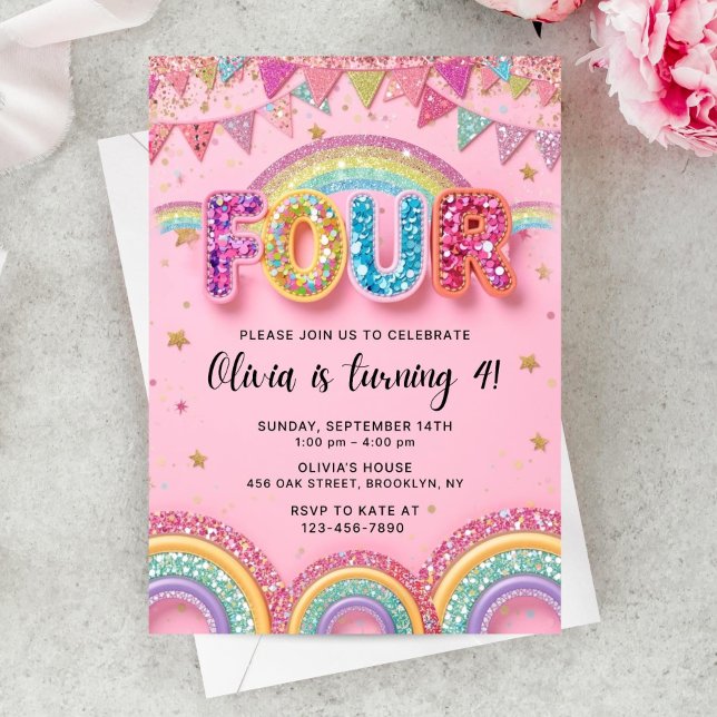 Editable Pink Rainbow Sequin 4th Birthday Invitati Inbjudningar (Skapare uppladdad)
