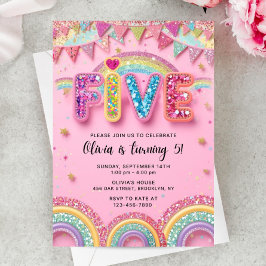 Editable Pink Rainbow Sequin 5th Birthday Invitati Inbjudningar