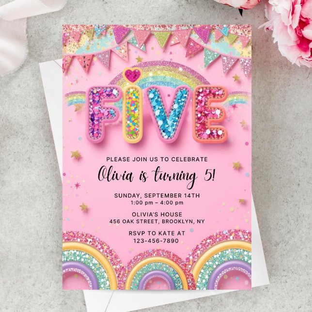 Editable Pink Rainbow Sequin 5th Birthday Invitati Inbjudningar (Skapare uppladdad)