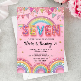 Editable Pink Rainbow Sequin 7th Birthday Invitati Inbjudningar