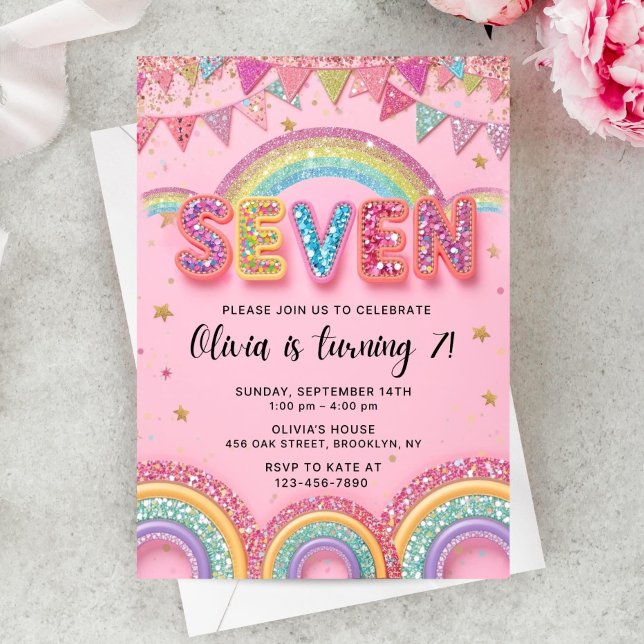 Editable Pink Rainbow Sequin 7th Birthday Invitati Inbjudningar (Skapare uppladdad)