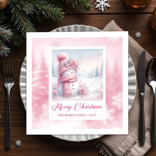 Editable Pink Snowman Kids Winter Scene Pinkmas  Pappersservett (Editable Pink Snowman Kids Winter Scene Pinkmas Christmas Napkins

)