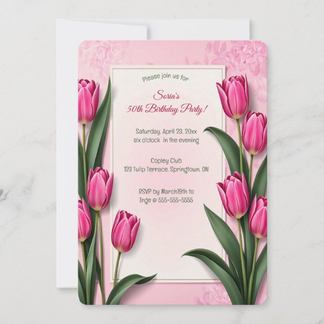 Editable Pink Tulips Inbjudningar (Framsida)