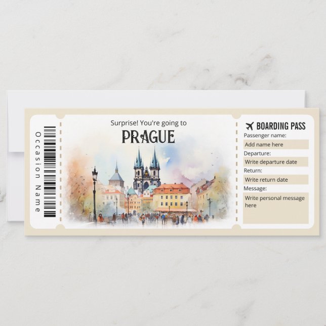 Editable Prag Flygplan biljett, Prag Resa Inbjudningar (Framsida)