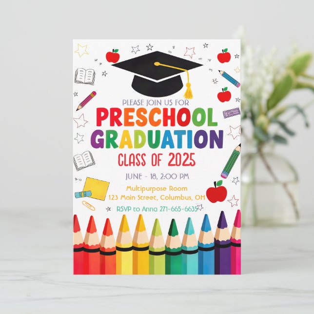 Editable Preschool Studenten Crayon Thmet Inbjudningar (Stående Fram)