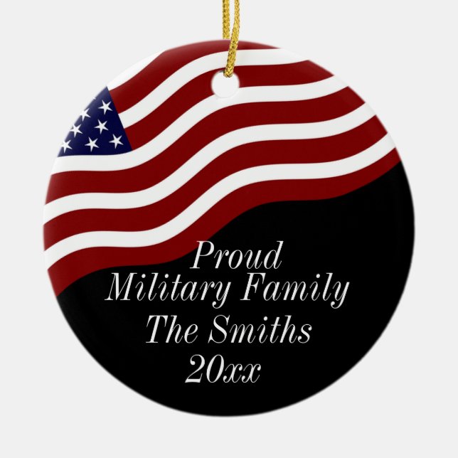 Editable Proud Military Family American Flagga Julgransprydnad Keramik (Framsidan)