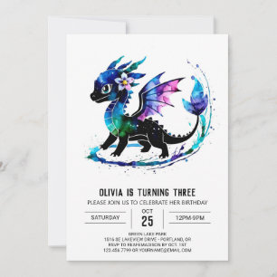 Editable Purble Dragon Digital Girl Birthday Inbjudningar