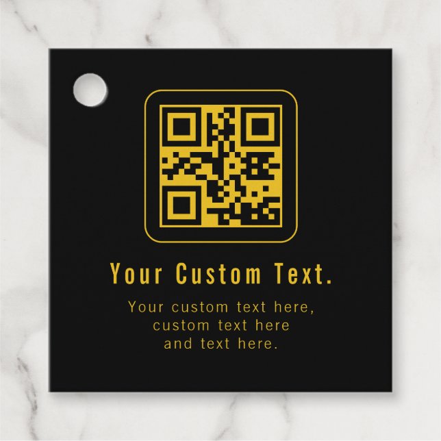 Editable QR Code & Text Template | Black & Gold Gåvor Etiketter (Framsida)