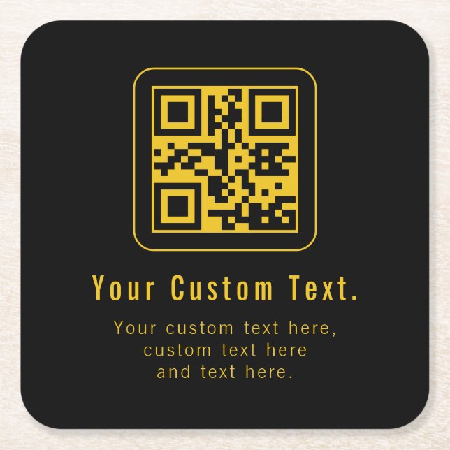 Editable QR Code & Text Template | Black & Gold Underlägg Papper Kvadrat (Framsidan)