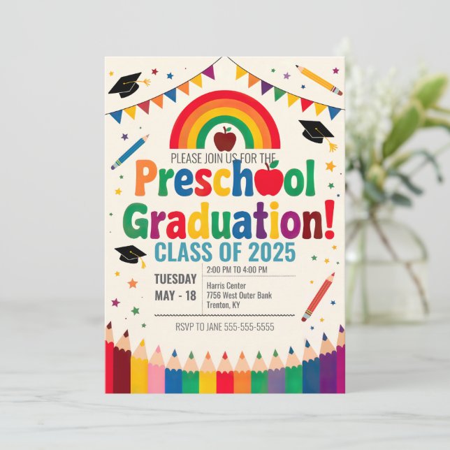 Editable Rainbow Bunting Flagga Preschool Studente Inbjudningar (Stående Fram)