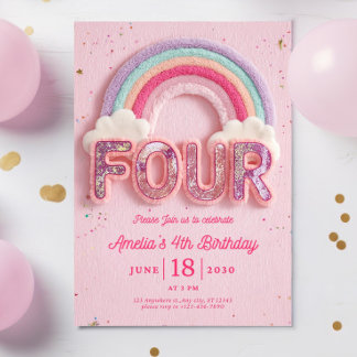 Editable Rainbow Fourth Birthday Invitation, Pink  Inbjudningar