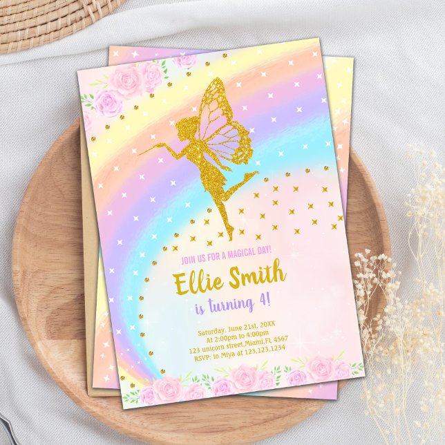 Editable Rainbow Glitter Fairy Birthday-inbjudan Inbjudningar (Rainbow Glitter Fairy Birthday Invitations)