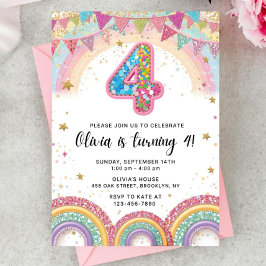 Editable Rainbow Sequin 4th Birthday Invitation Inbjudningar