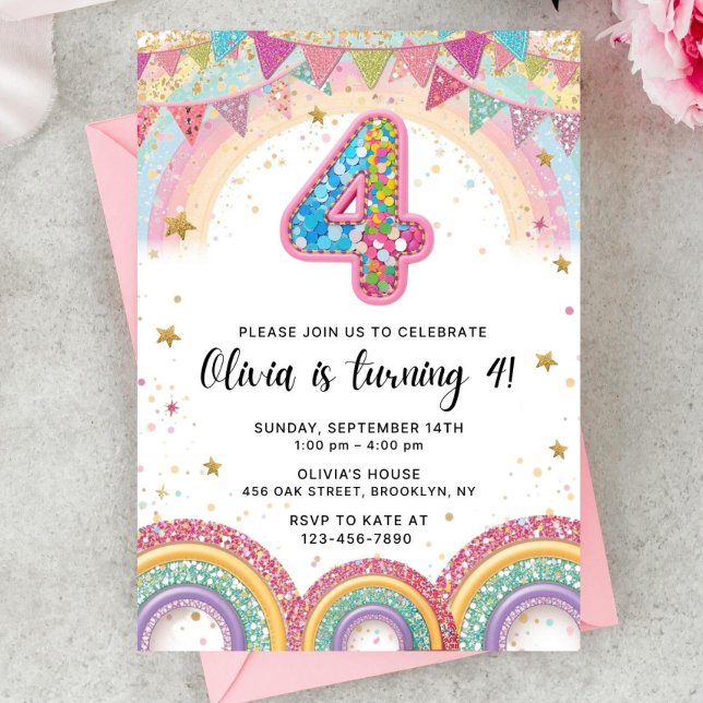 Editable Rainbow Sequin 4th Birthday Invitation Inbjudningar (Skapare uppladdad)