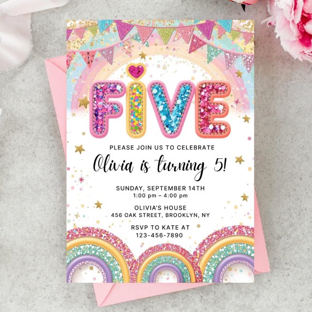 Editable Rainbow Sequin 5th Birthday Invitation Inbjudningar (Skapare uppladdad)
