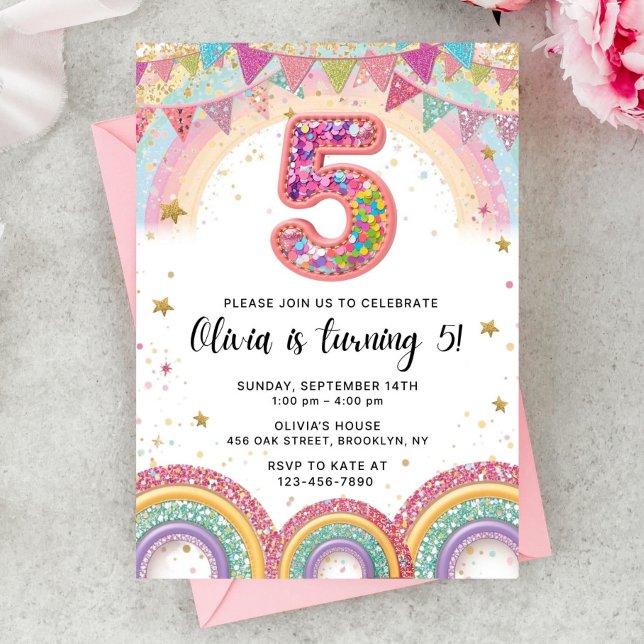 Editable Rainbow Sequin 5th Birthday Invitation Inbjudningar (Skapare uppladdad)