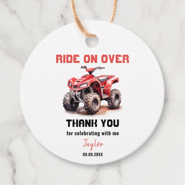 Editable Red ATV Wheeler Bike Birthday Gåvor Etiketter (Framsida)