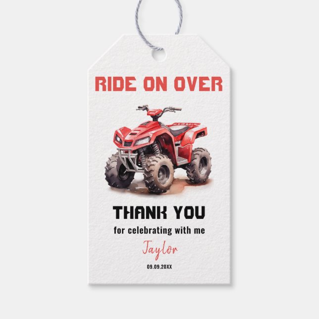 Editable Red ATV Wheeler Bike Birthday Presentetikett (Framsidan)