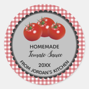 Editable Red Gingham Tomato Sauce Label Stickers Runt Klistermärke