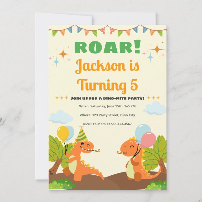 Editable Roarsome Dinosaur Birthday-inbjudan Inbjudningar (Framsida)